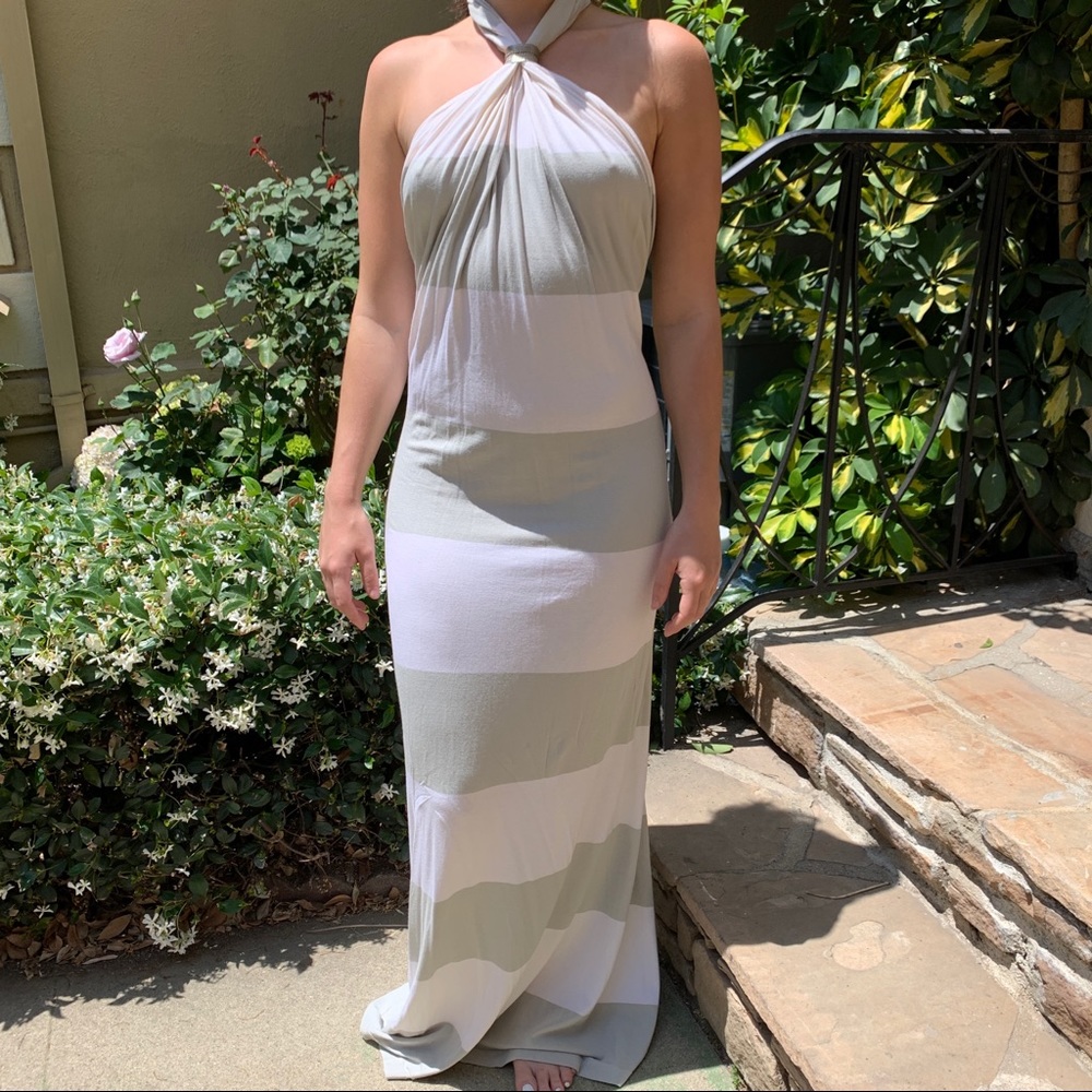 JAY GODFREY Halter Striped Maxi Dress Grey & White